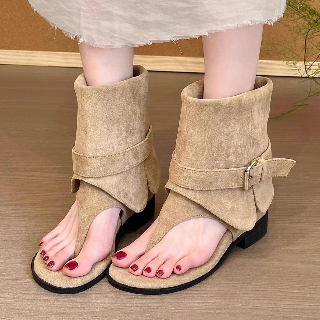 Natal Spice Girls Boots! Suede toe inner heightening trouser boots women's summer one-word buckle thick heel cool boots