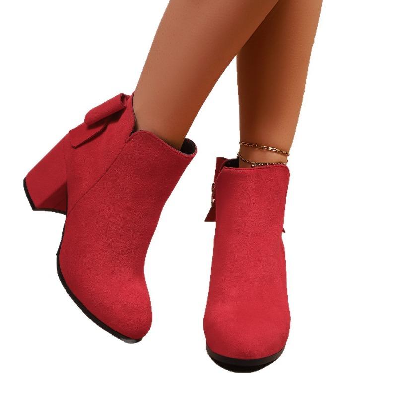 Autumn and Winter New Thick Heel Short Boots Suede Side Zipper Martin Boots Bow Fashion High Heel Women's Boots