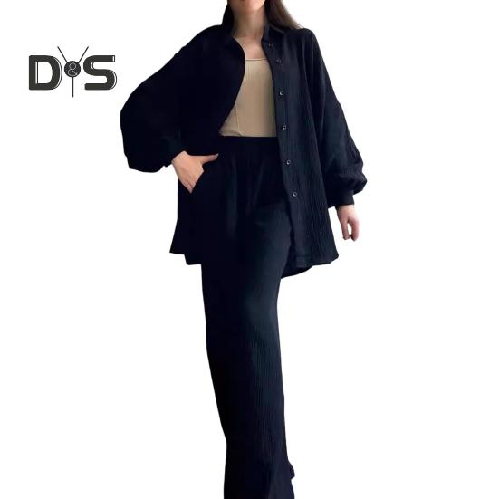 

2 шт./комплект женский рубашка брюки комплект отложной воротник однобортный длинный рукав свободный верх эластичный пояс широкие брюки спортивный костюм XL темно-синий