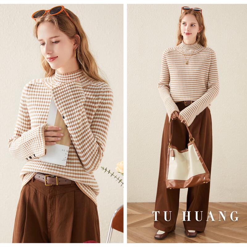 TUHUANG Women's Pure Wool Striped Colorblock Half-High Collar Sweater