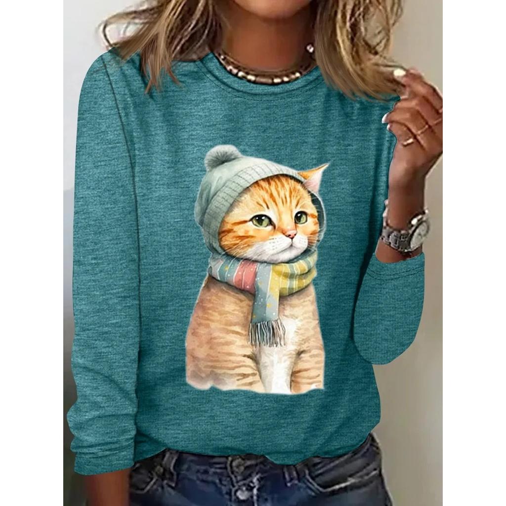 Rundhals 3D-bedrucktes Katzenmuster Top Modische Lässige Langarm Damen T-Shirts