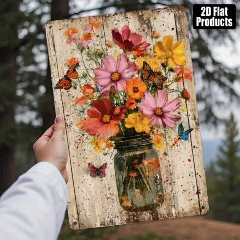 Vintage Metal Wall Art Butterfly Flower Jug Poster Kitchen Decor