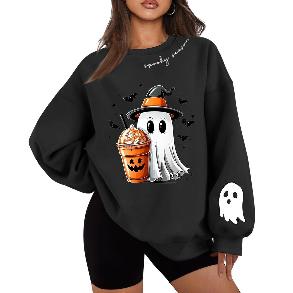 Unisex Halloween Print Long Sleeve Neck Pullover Sweatshirt, Lightweight Casual Top for Men and Women