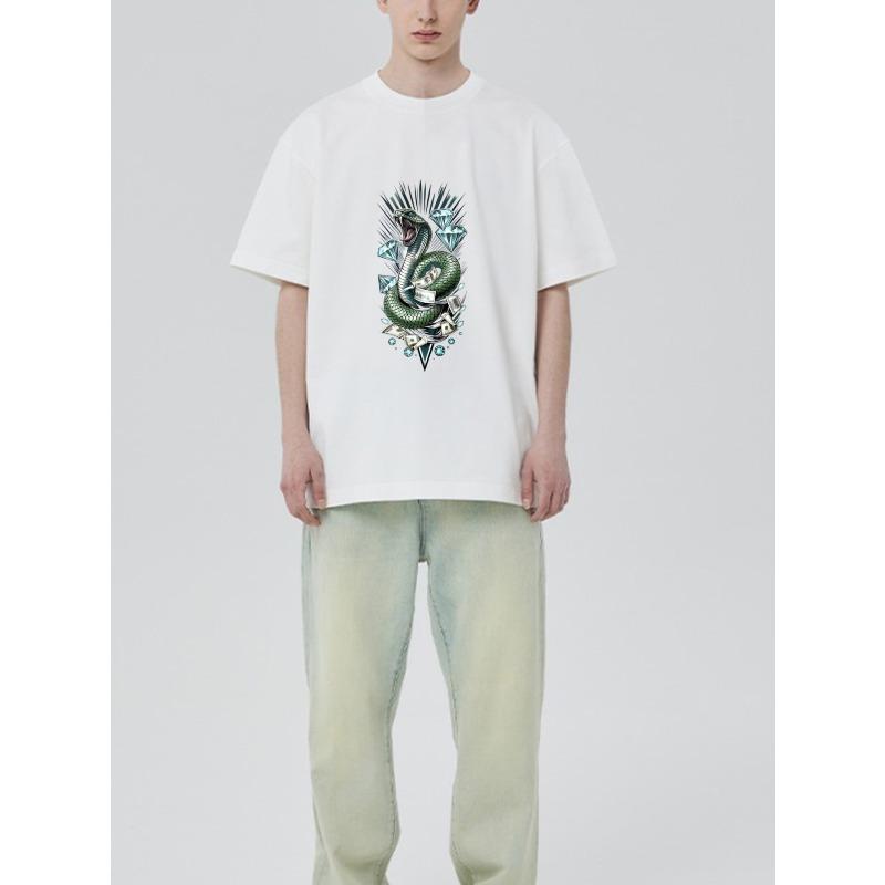 Weißes T-Shirt Schlange Diamant Geld Print Lässiges Streetwear Oberteil für Männer und Frauen