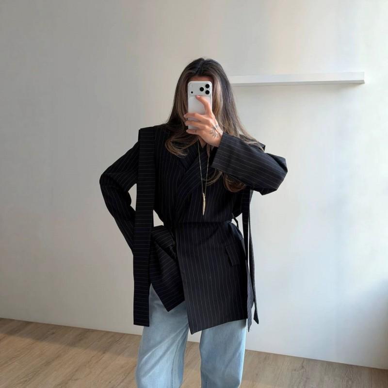 Womens Long Sleeve Striped Blazer Coat 2026 Fall Loose Fit Belted Wide Shoulder Office Chic Outwear