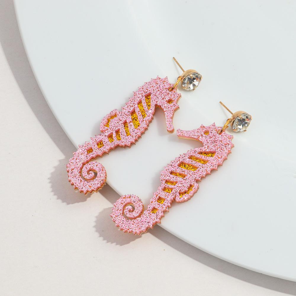 

New Glitter Colorful Seahorse Acrylic Earring for Women Creative Funny Animal Long Drop Earrings Fashion Jewelry Gift розовый