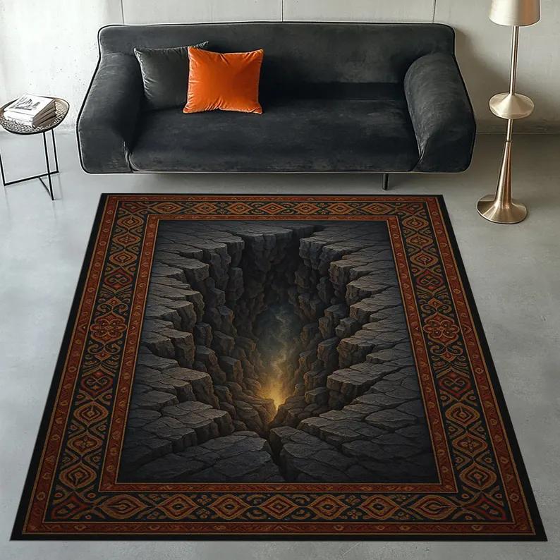 2D Realistic Canyon Crack Area Rug, Illusion Home Decor, Non-Slip Rug for Gothic & Industrial Living Room Bedroom Home Mat