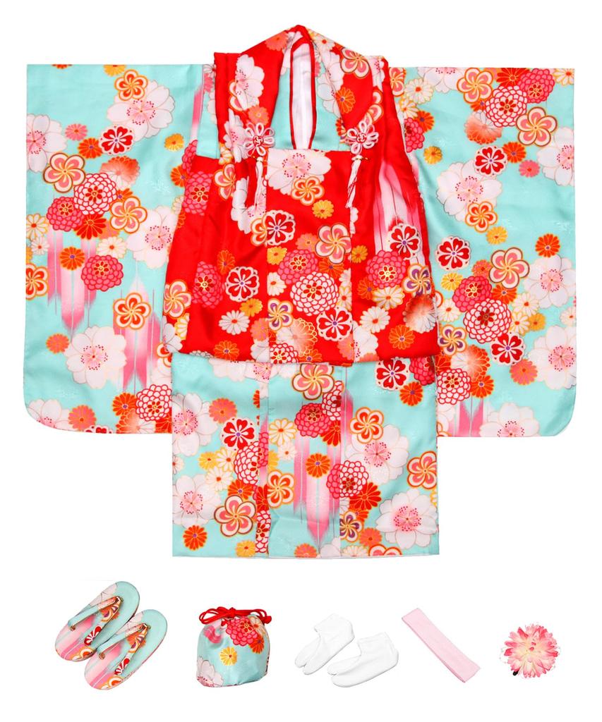 Kimono Set for Kimono Set Elegant A Set Patterned Nagajuban Hair Drawstring Waist Tabi Girls Aoi No [KYOETSU] [Kyoetsu] Shichi-Go-San (7-5-3 Festival)