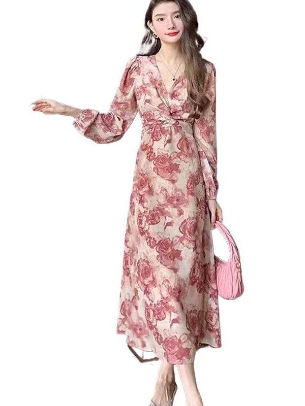 Elegant French Floral Print Cross Strap Dress for Women - Slimming Base Layer in Light Mature Style