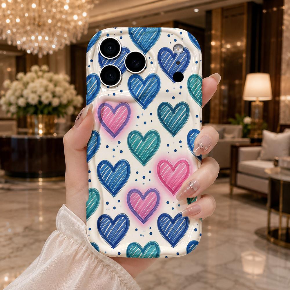 Wavy Edge Phone Case For iPhone 16 15 14 Pro Max 13 12 Mini 11 XR XS SE Sketch Striped Heart Pattern Cover