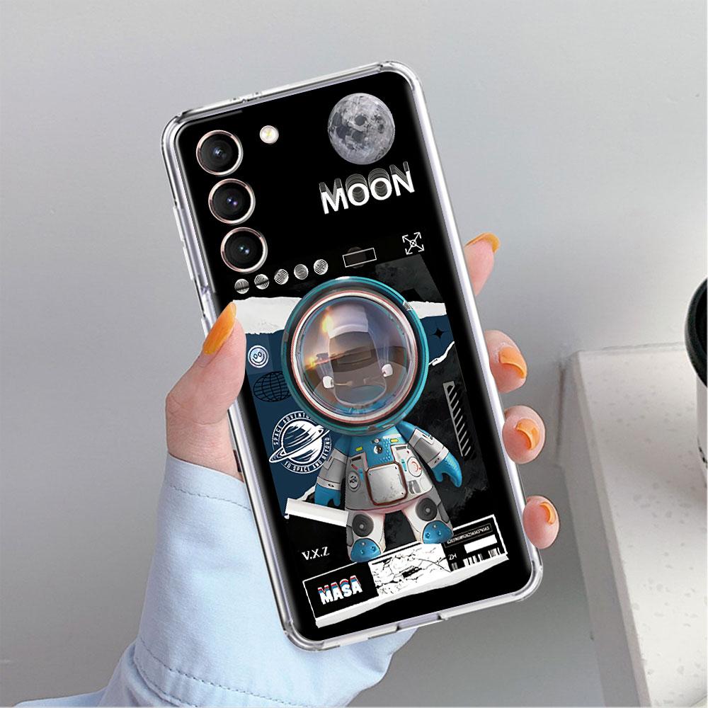 Niedliches Astronauten-Handgelenkband Transparente Hülle für Samsung Galaxy S22 S20 FE S21 S10 S9 Plus Note 20 Ultra 10 Lite Handyhülle
