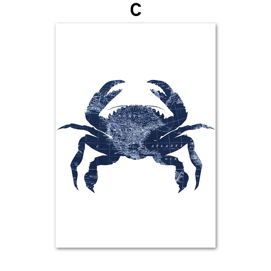 Blue Whale Shark Octopus Crab Fish Map Wall Art Canvas Painting Nordic Posters And Prints Wall Pictures For Baby Kids Room Decor