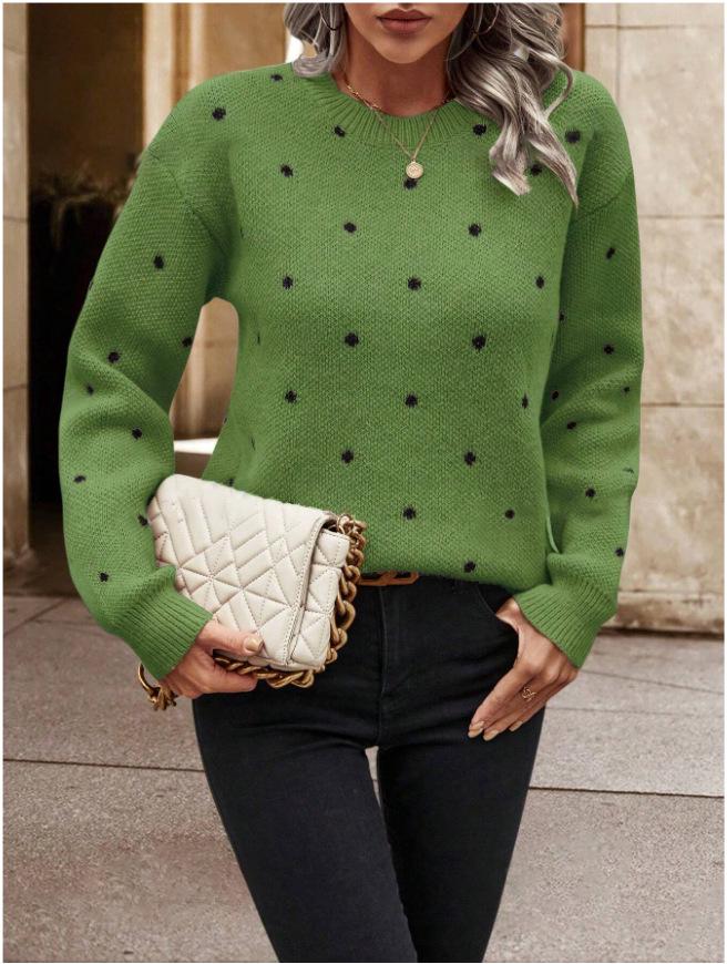 Women's European & American Fashion Polka Dot Jacquard Knit Sweater - Round Neck, Long Sleeve Pullover.