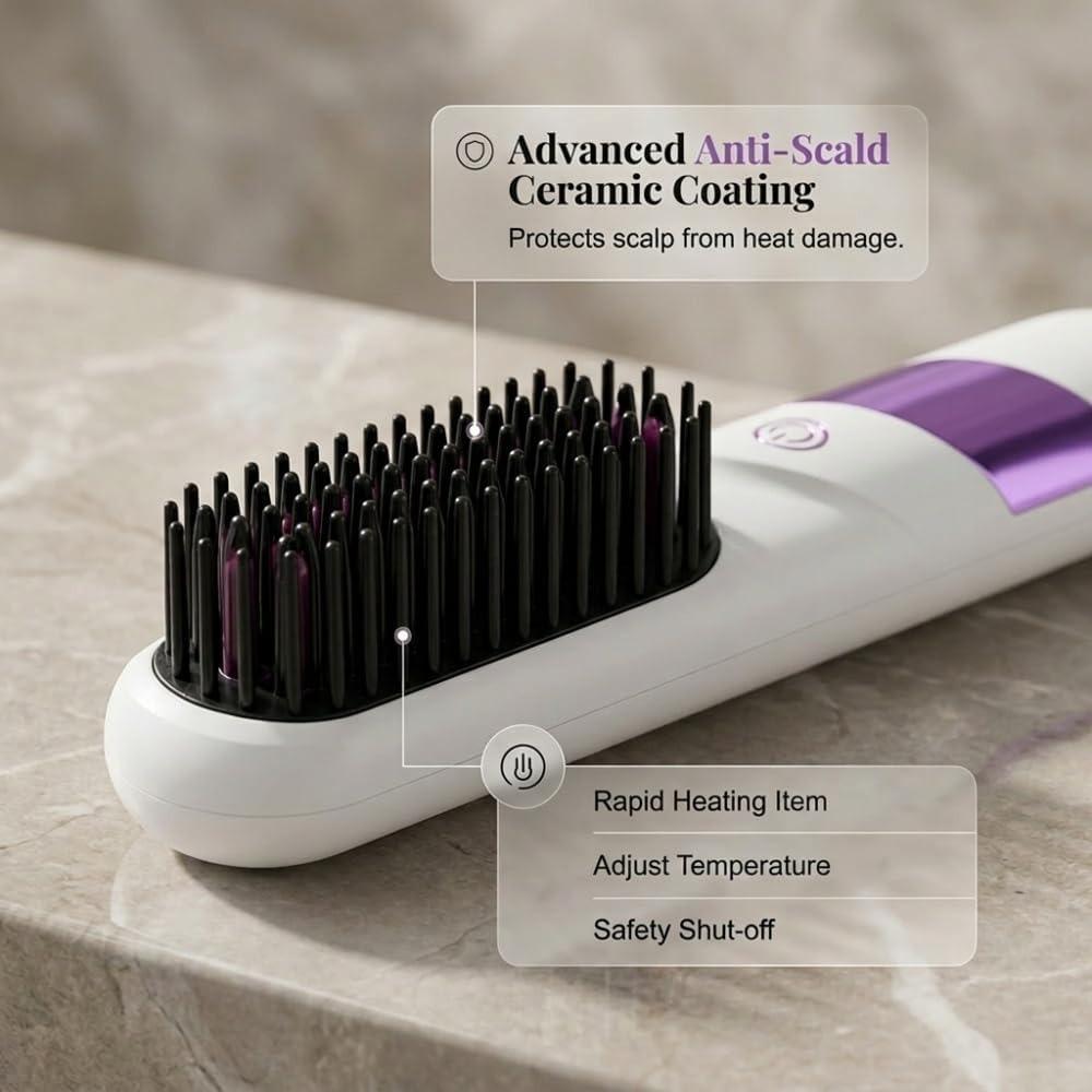 2026 Upgrade for Short Hair, Wireless Straightening Brush, Mini Hair Straightener with MCH Heating and Ionic & Ceramic Care, Perfect for Women (White)