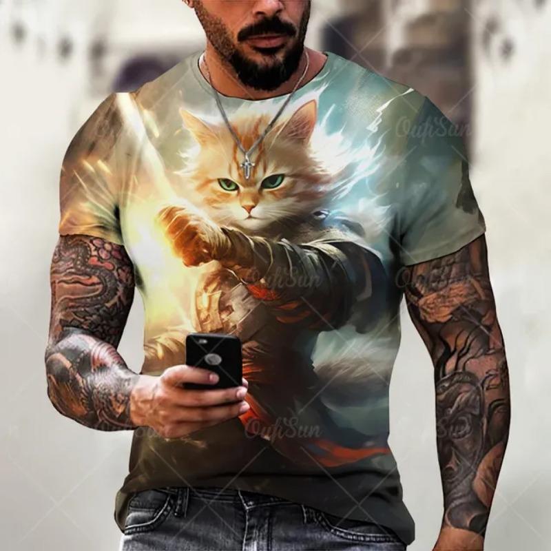 Men's T Shirts Japanese Samurai Cat Printed T-Shirt Funny 3D Animal Graphic T-Shirts  Casual O-neck Loose Tops Short Sleeve Tee