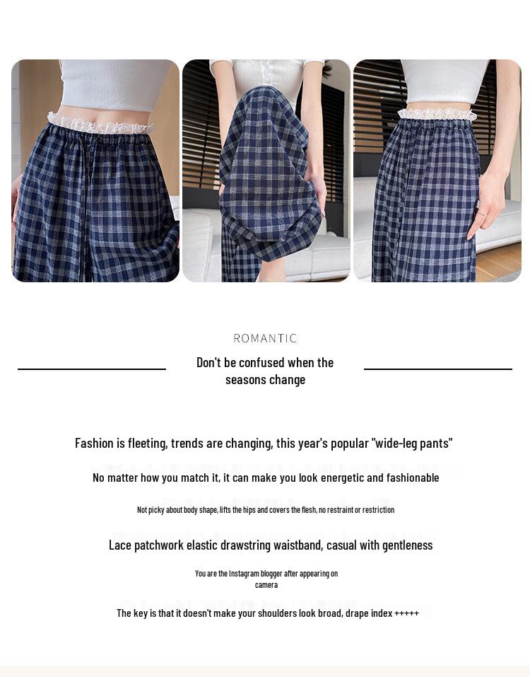 Korean Lace-Trim Plaid Wide-Leg High-Waist Pants for Women - Versatile Spring/Summer Casual Style