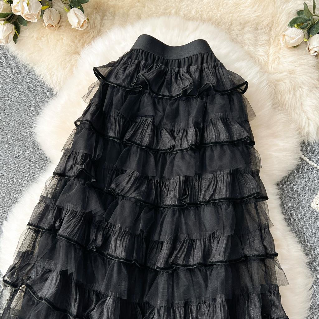 Summer Women Elegant Ruffles Mesh Tulle Cake Long Maxi Skirt