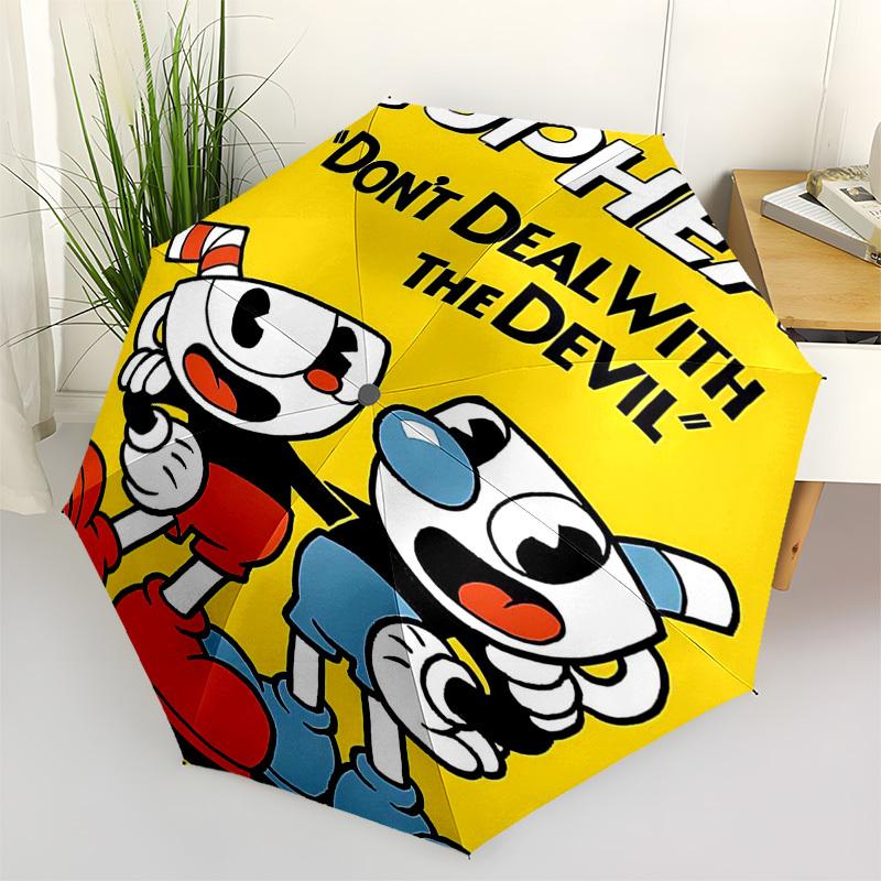 

1pc Cuphead & Mugman Outdoor Umbrella - Automatic Opening/Closing, Portable 3-Fold Design, 8-Rib Iron Frame, Ideal Gift for Fans, Travelers, Daily Use