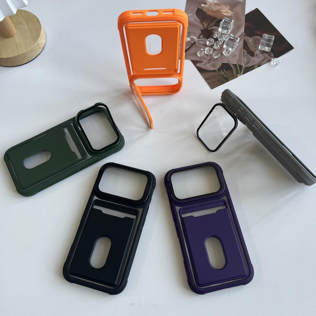 Luxury Card Holder Slot Wallet Photo Pocket Phone Case For iPhone 17 Air 16 15 14 Plus 13 12 11 Pro Max Glass Lens Bracket Cover