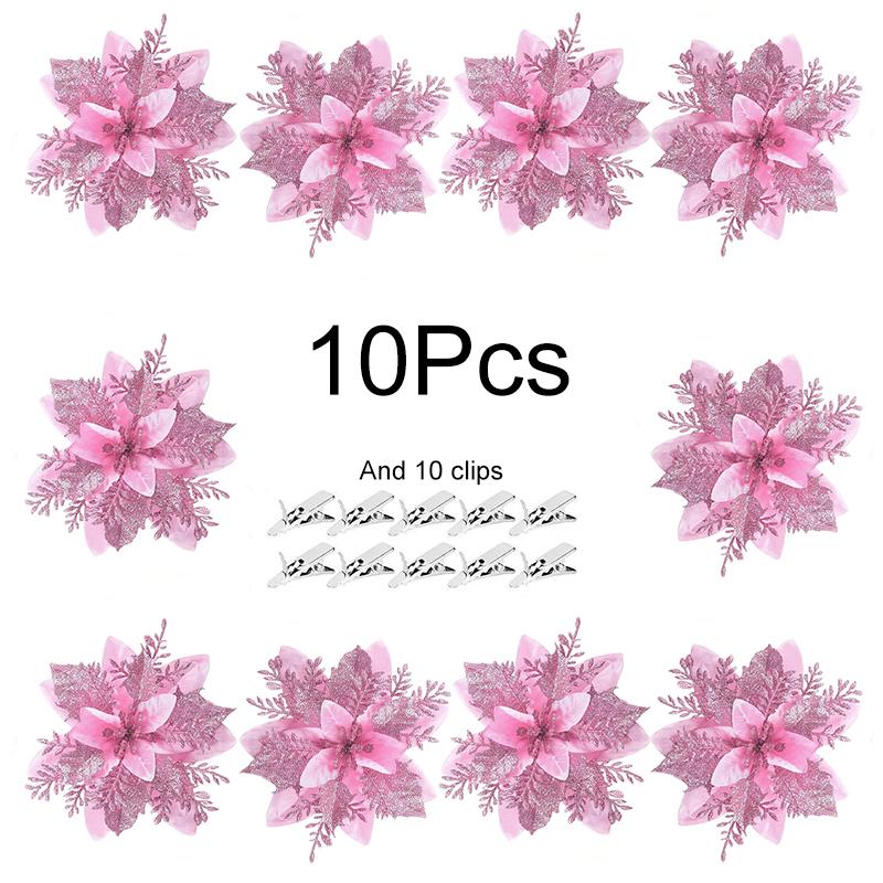 10Pcs/Pack Christmas Flowers Sparkling 14CM with Clips Xmas DIY Glitter Poinsettia Wreath