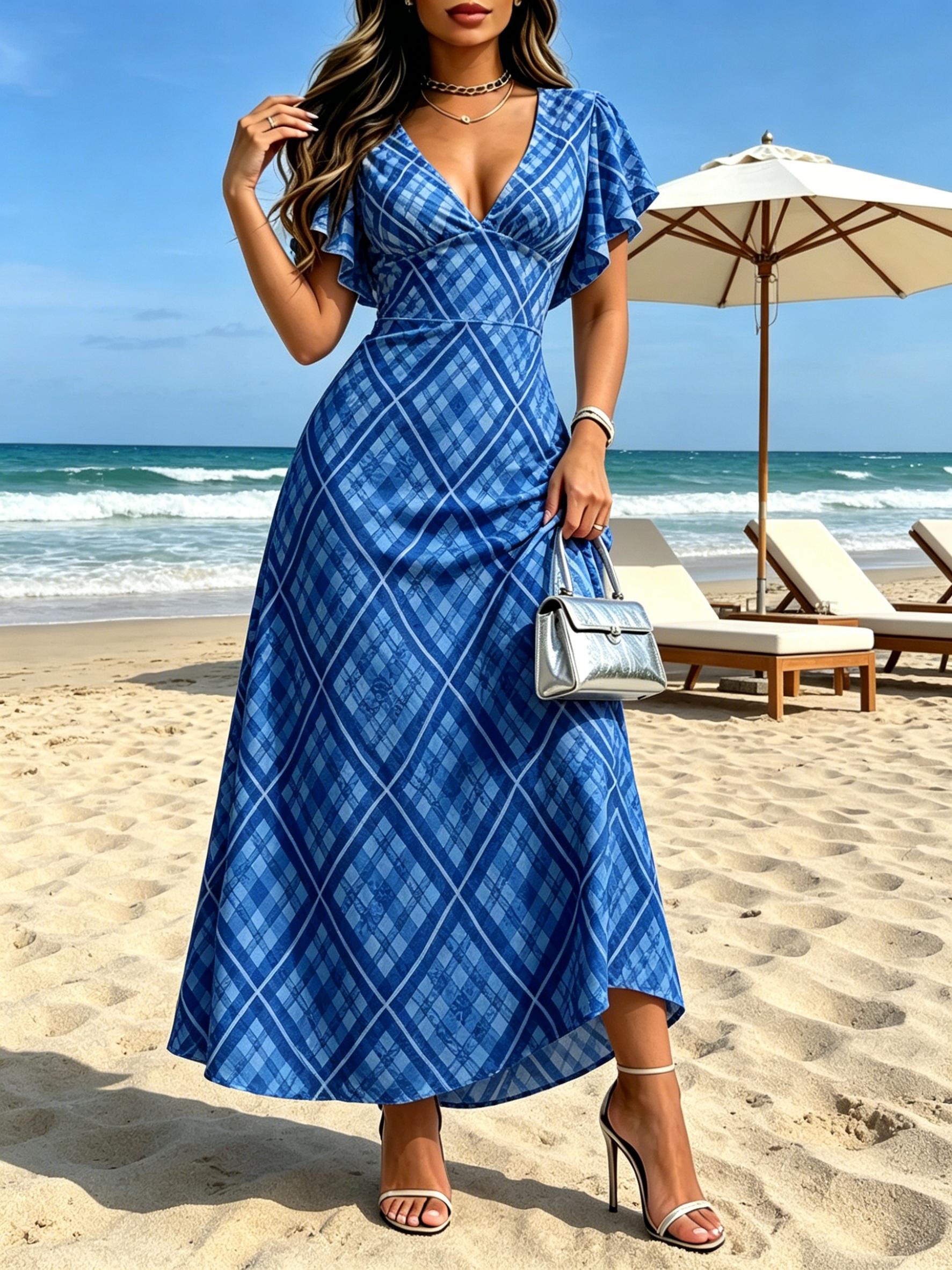 Women Plaid Print Maxi Dress V Neck Flutter Sleeve Summer Beach Casual Party Dress XS
