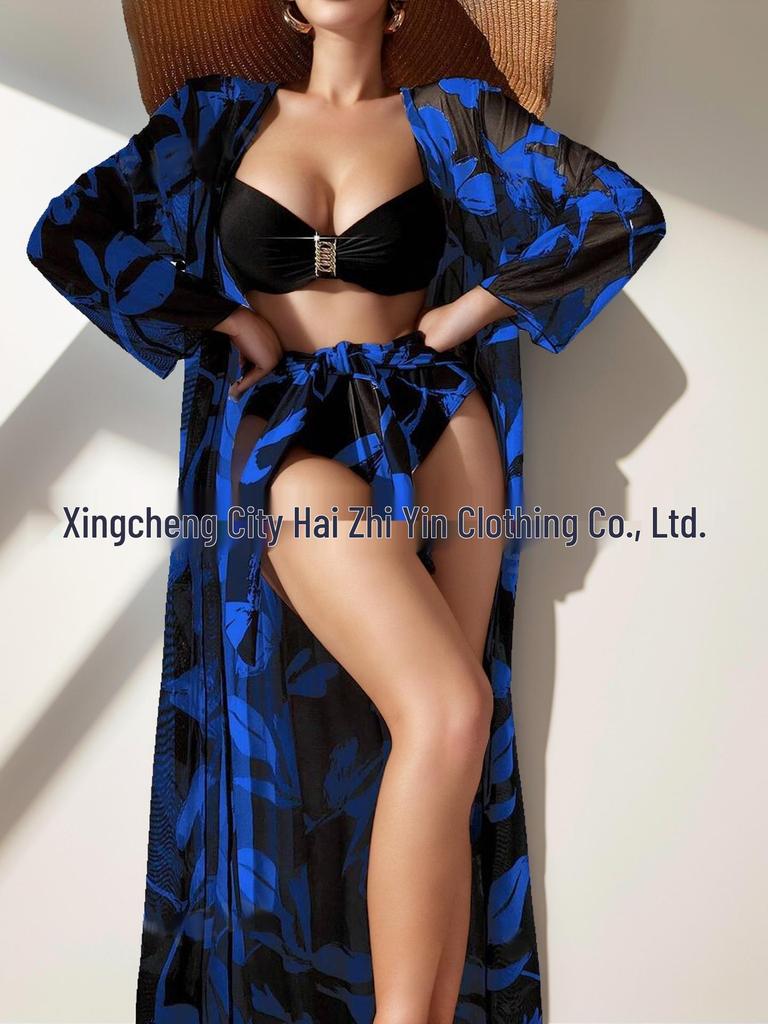 Women's High Waist Bikini 3-Piece Set with Long Shirt - European & American Style 2025 Swimwear