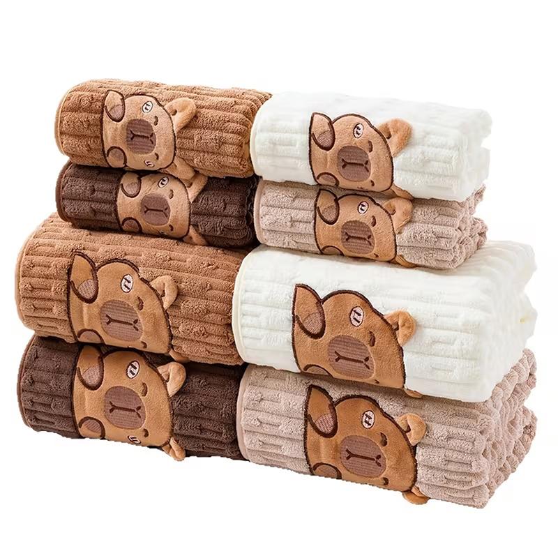 Cute 2-Piece Capybara Face Towel Set, Extra Soft Coral Fleece, 34X74 Inch Towel And 70X140 Inch Bath Towel