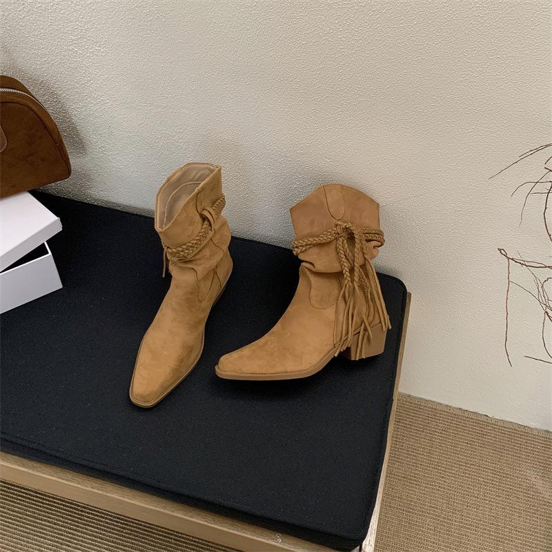 

Винтажные коричневые ковбойские сапоги 2025 новые плетеные с V-образным вырезом на толстом каблуке остроносые сапоги средней высоты женские сапоги с бахромой на наборном каблуке 39 коричневый