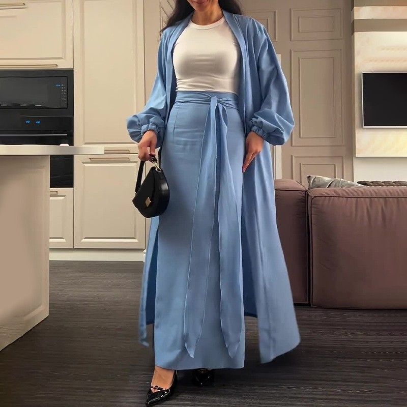 2025 Spring New European and American Amazon Foreign Trade Cross-Border V-neck Long sleeve Fashion Casual Half-Length Long dress Two-piece Set