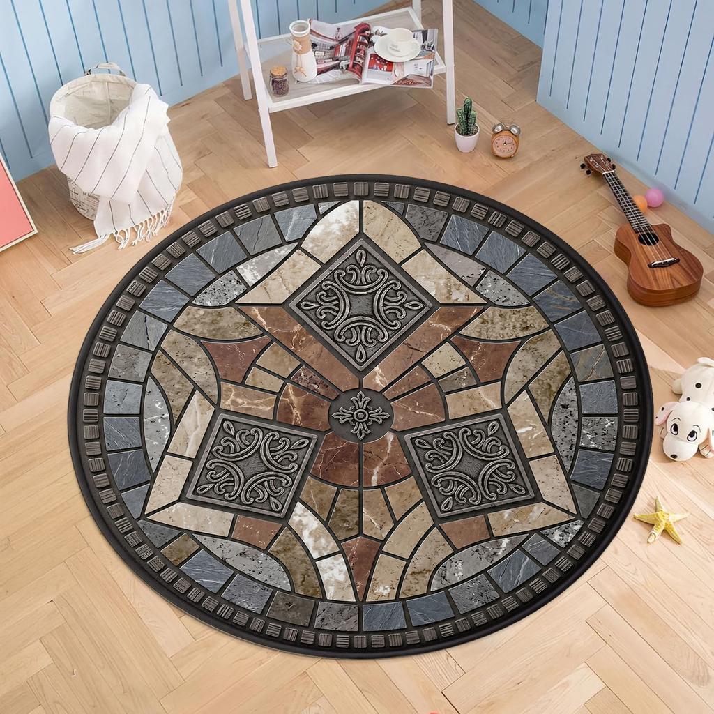 Vintage Mosaic Tile Pattern Round Floor Mat, Classic Geometric & Stained Glass Style for Entryway or Living Room Decor