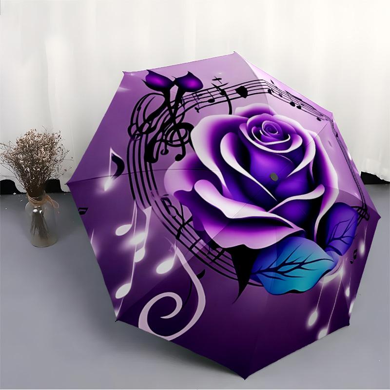 1pc Purple Rose Musical Notes Automatic Open/Close Folding Umbrella - Compact 8-Rib Design, Daily Use, Perfect Gift for Friends & Family Yy251124204