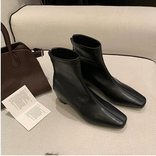 Skinny boots versatile single boots trendy short boots black new rear zipper women's square head elastic boots commuter low heel