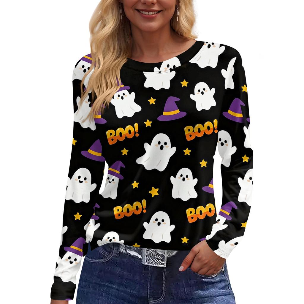 Women's Fashion Long Sleeve Top Halloween Print Round Neck Pullover Shirt with Split Hem Casual Wear for Autumn and Winter
