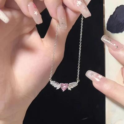 Angel Wings Pink Diamond Love Necklace for Women Light Luxury Niche Design Female Fashion Ins Style Exquisite Collarbone Chain Gift