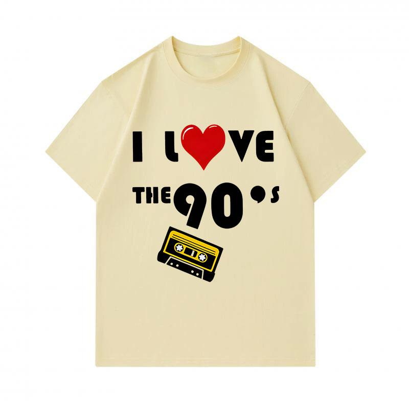 Men's 100% Cotton Crew Neck Short Sleeve T-Shirt, I Love The 90s Cassette Tape Pattern Casual Retro Vintage Graphic Tee for Daily Wear
