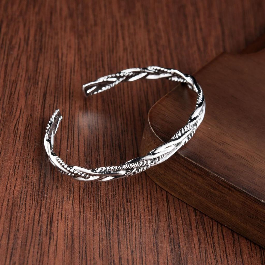 Open Bracelet Men'S And Women'S Metal Ancient Silver Bracelet Retro Simple Bamboo Feather Engraving Bracelet