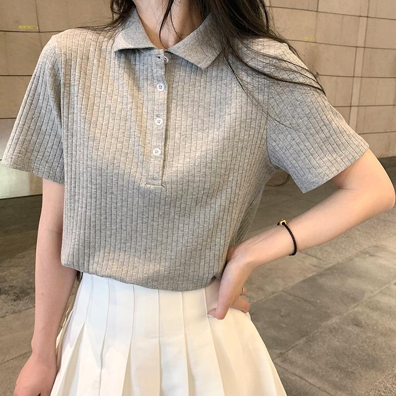 Hot Girl Polo Shirt for Women In Summer New Style Student Design Slim Fit Internet Celebrity Solid Color Short-sleeved Top