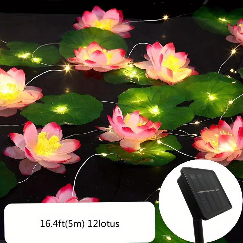 

Solar Powered Copper Wire String Lights Outdoor 5M 50LED with 12 Lotus Flowers 12 Leaves Waterproof Pond Garden Pool Fairy Light