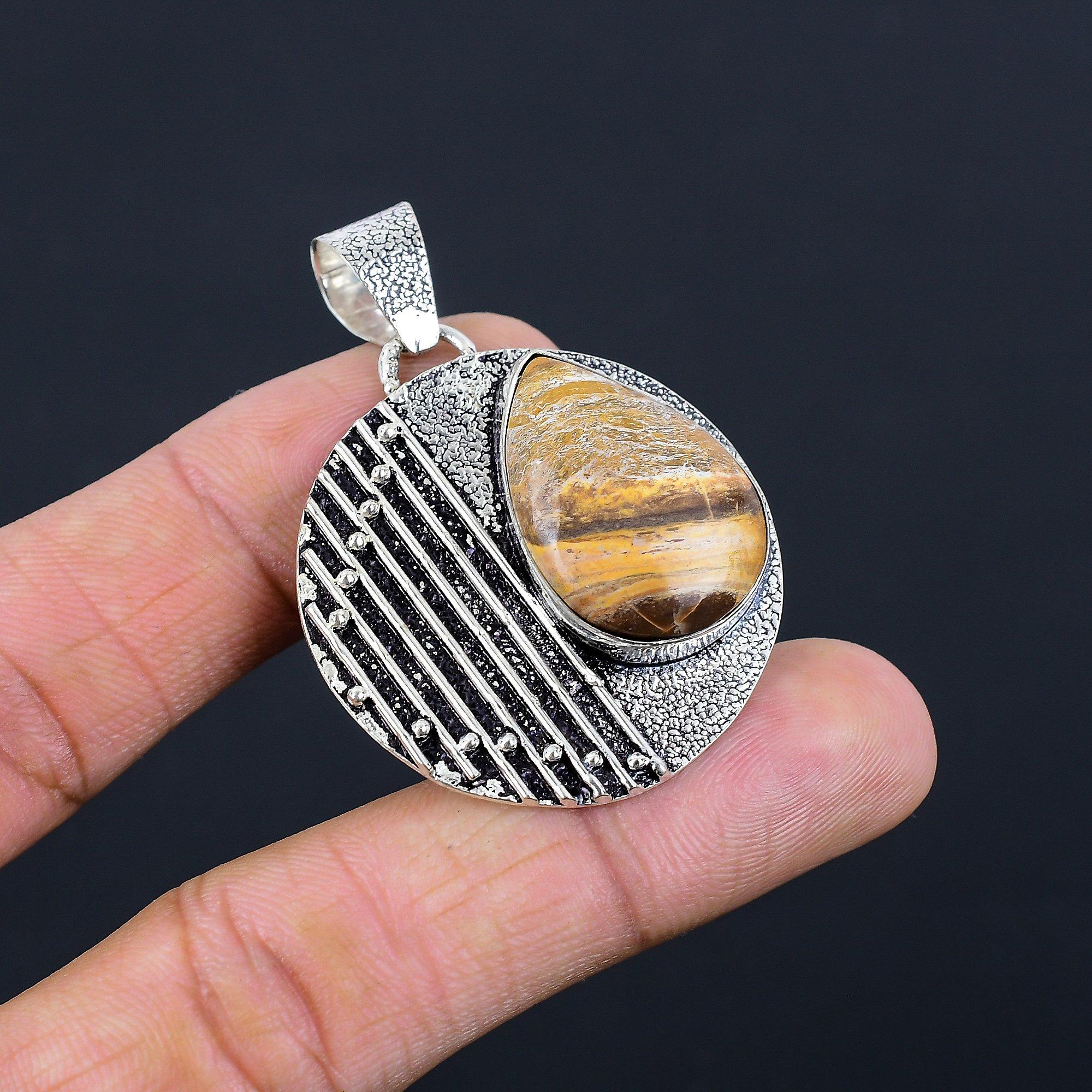 

Natural Petrified Wood Jasper Gemstone 925 Sterling Silver Pendant For Girls