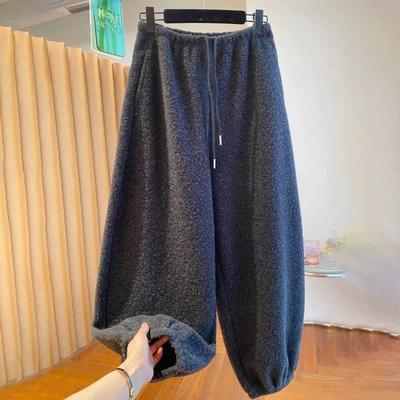 Pants for Women Plus Size Thickened Stretchy Elastic High Waist Long Trousers Solid Colour Fleece Casual Wide Leg Pants