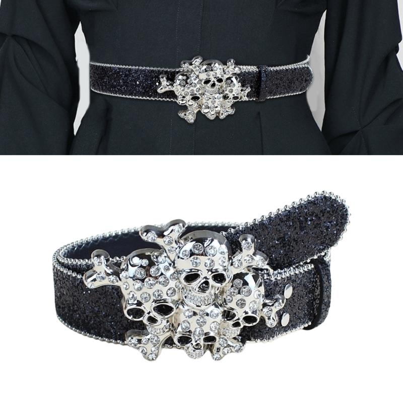 Women's Rhinestones Belt Glitters Leather Waist Belt Western Skull Waist Belt for Stylish Youth