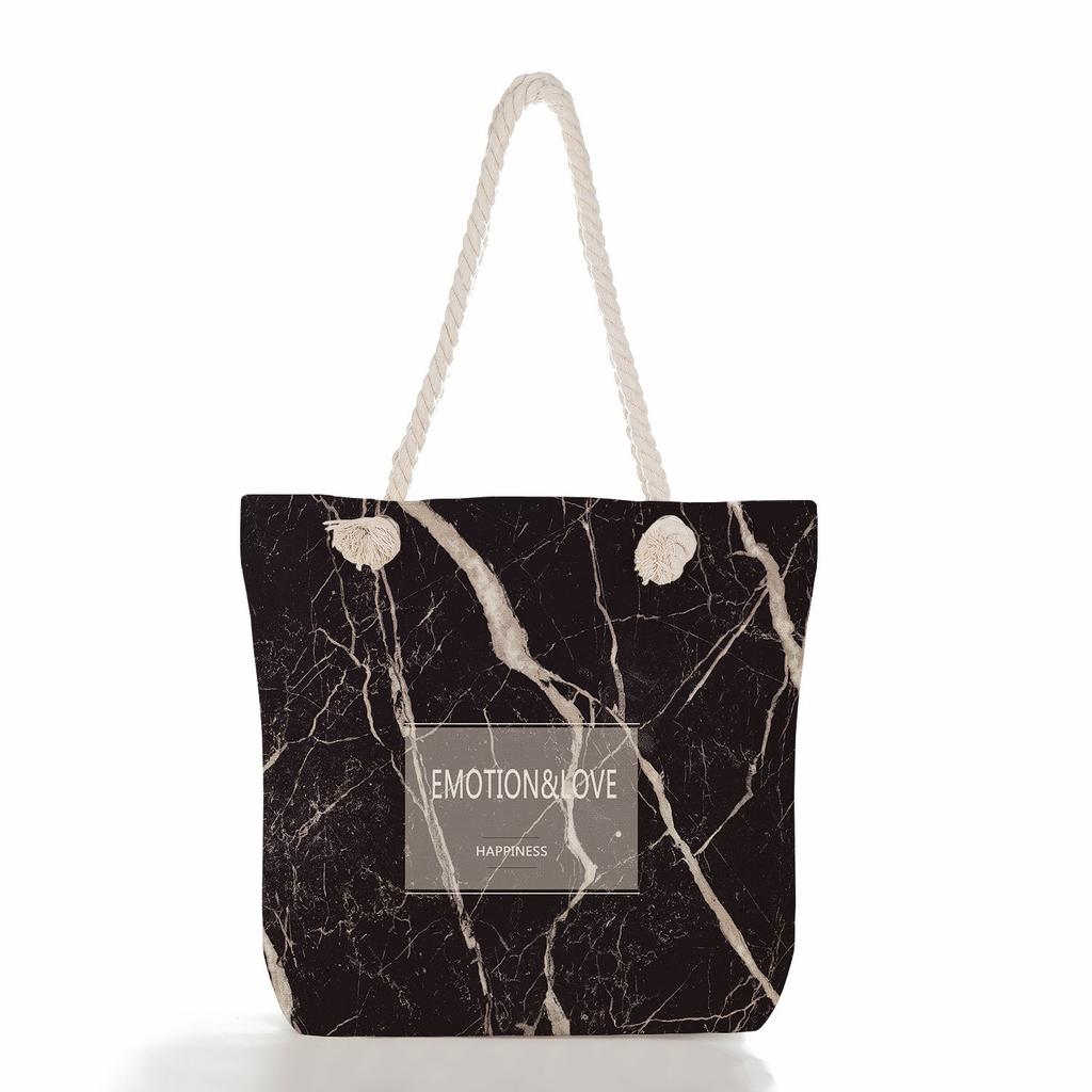 Marble green leaves print thick rope single-shoulder beach bag 7273 CLE