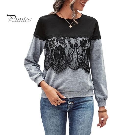 

Зимняя осенняя женская толстовка с кружевным декором, цветочной вышивкой, круглым вырезом, длинными рукавами, цветными блоками, лоскутным шитьем, свободный пуловер, повседневный топ для поездок на работу S серый