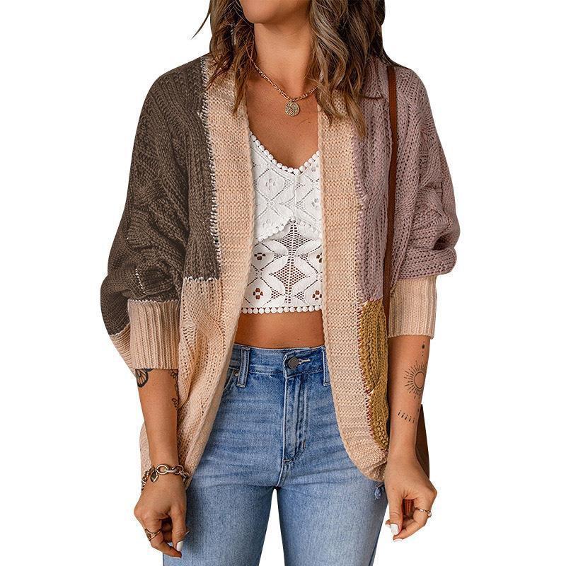 Womens Colorblock Knit Cardigan Sweater Winter Loose Fit Open Front Long Sleeve