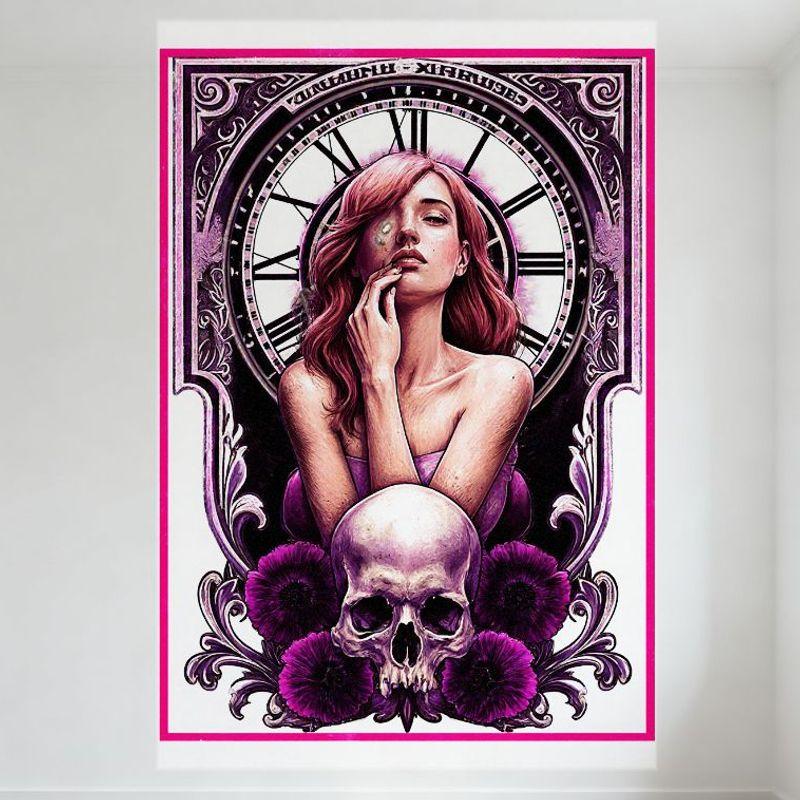 

Sexy Woman Pink Hair Surreal Gothic Metal Tin Sign,Ornate Clock Skull Poppy Floral Wall Decor,Stylized Surreal Art for Bar Pub H 20x30cm（7.8x11.8inch）
