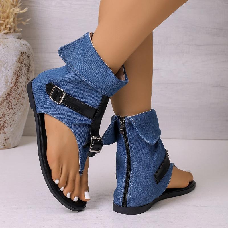 Round Toe Clip Toe Roman Sandals 2026 New Denim Metal Buckle Soft Sole Non-Slip Plus Size Summer High Top Boots