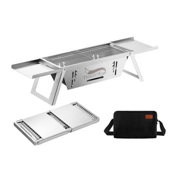 DesertFox Fire Pit Stand Barbecue Grill Compact Stainless Steel 2-4 People Lightweight Quick Assembly Foldable 3-in-1 Camping Height Adjustable 3 Case