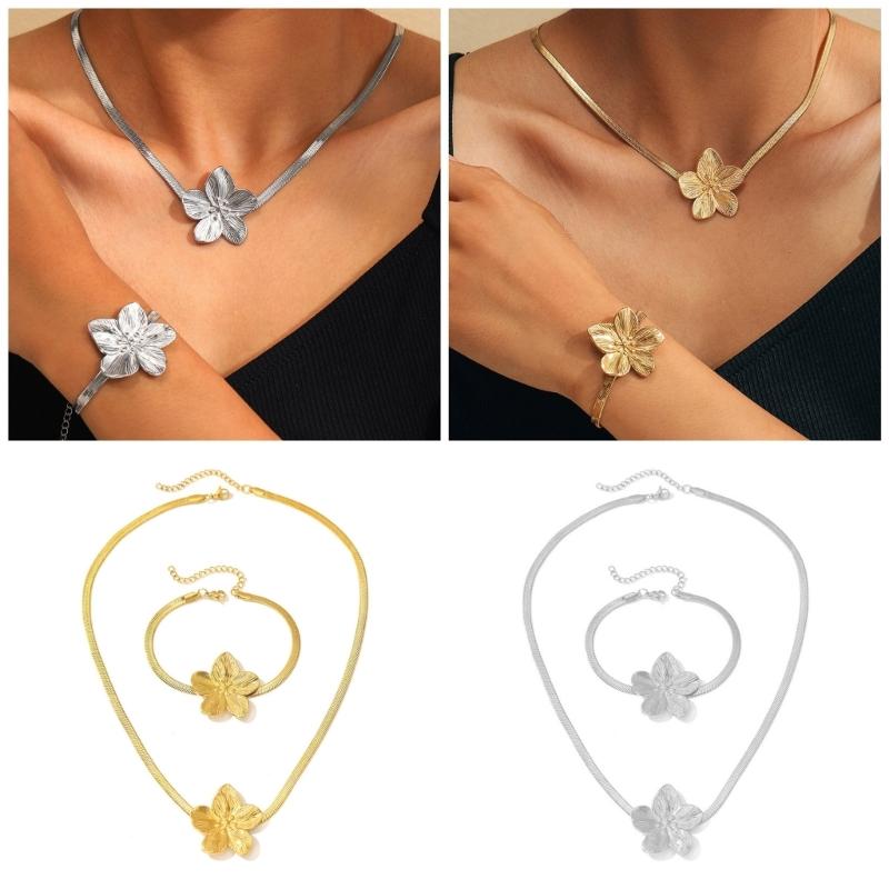 Elegant Vintage Flower Pendant Jewelry Set for Women Stainless Steel Necklace and Bracelet Perfect for Formal Occasions