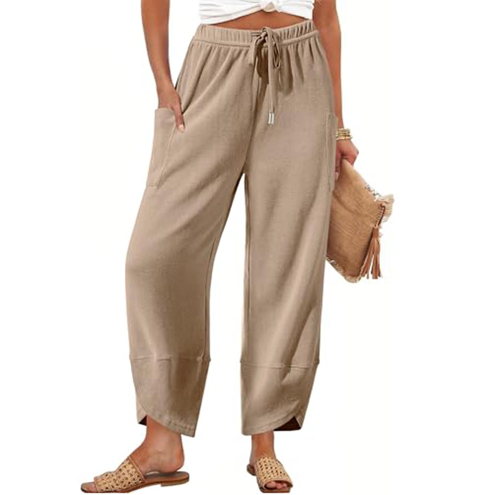 

Women Elastic High Waist Pant Casual Fit Wide Leg Long Pants Trousers With Pockets XL хакі