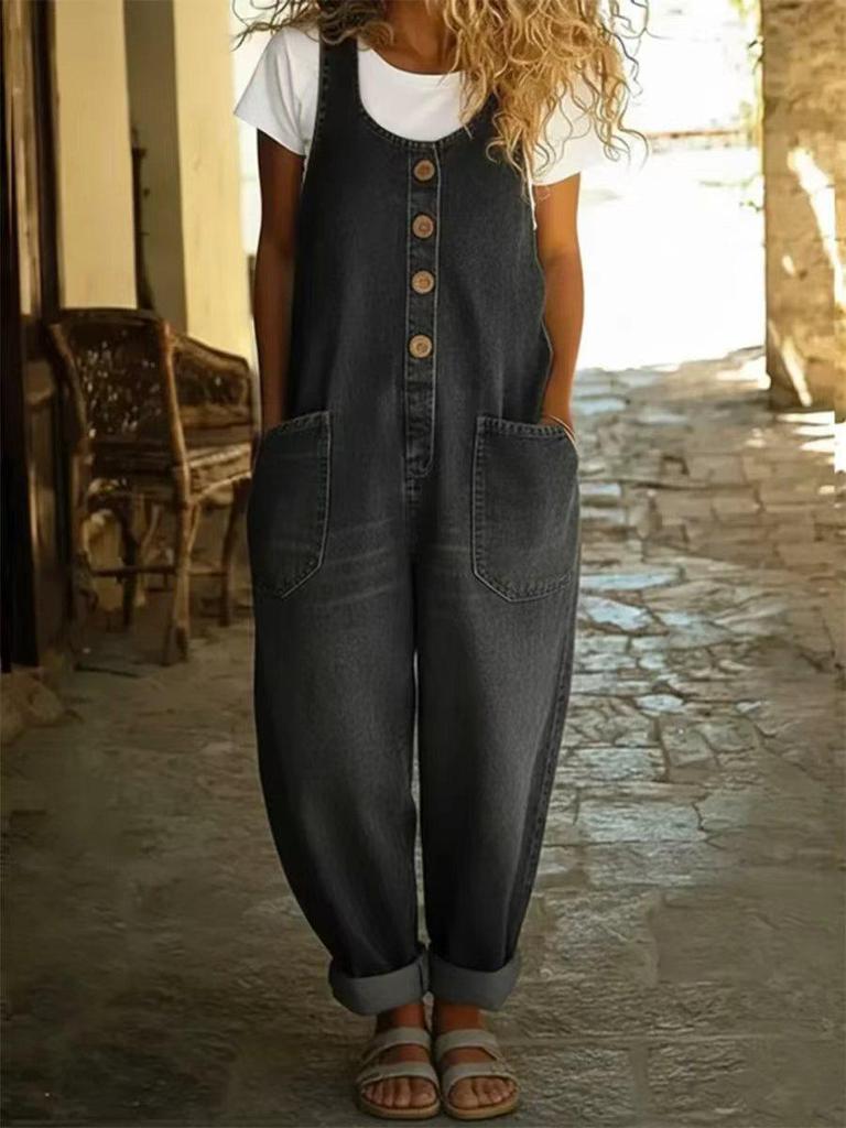 2026 Spring Women's Retro Wide-Leg Faux Denim Jumpsuit Overalls